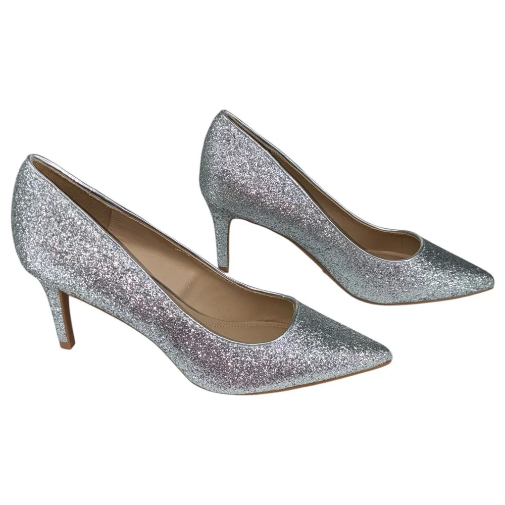 ON 34th Jeules Silver Glitter Pointed Toe Pumps‎ Kitten Heels Wedding Party 6M